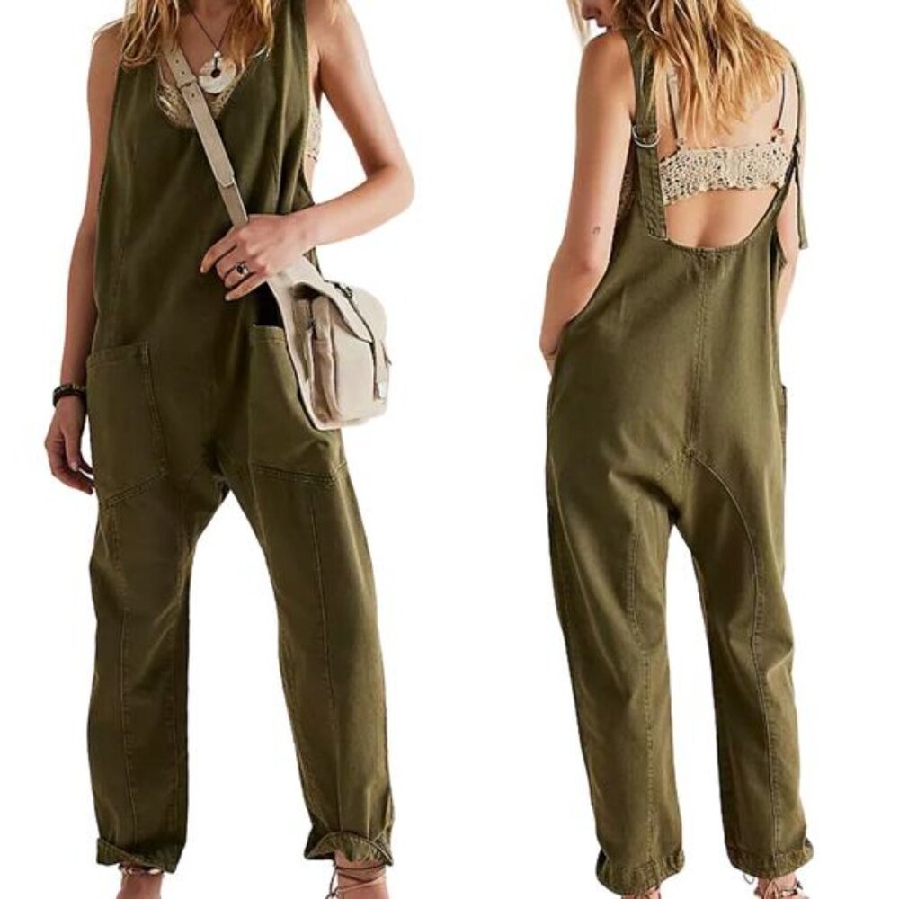 We The Free High Roller Olive Green Natural Cotton Denim Womens Jumpsuit Overall